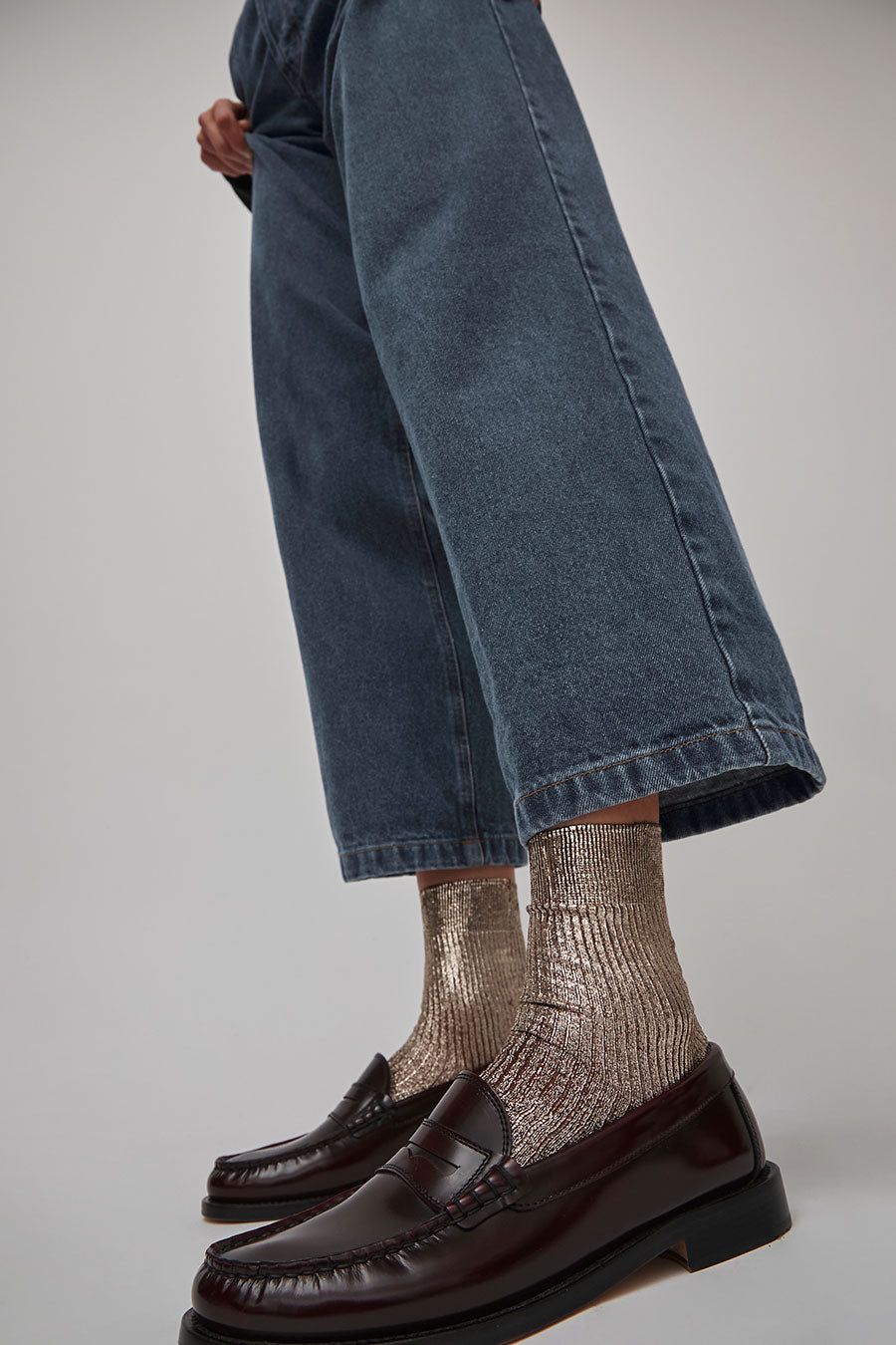 Maria La Rosa Laminated Ribbed Socks in Platino sold by No. 6