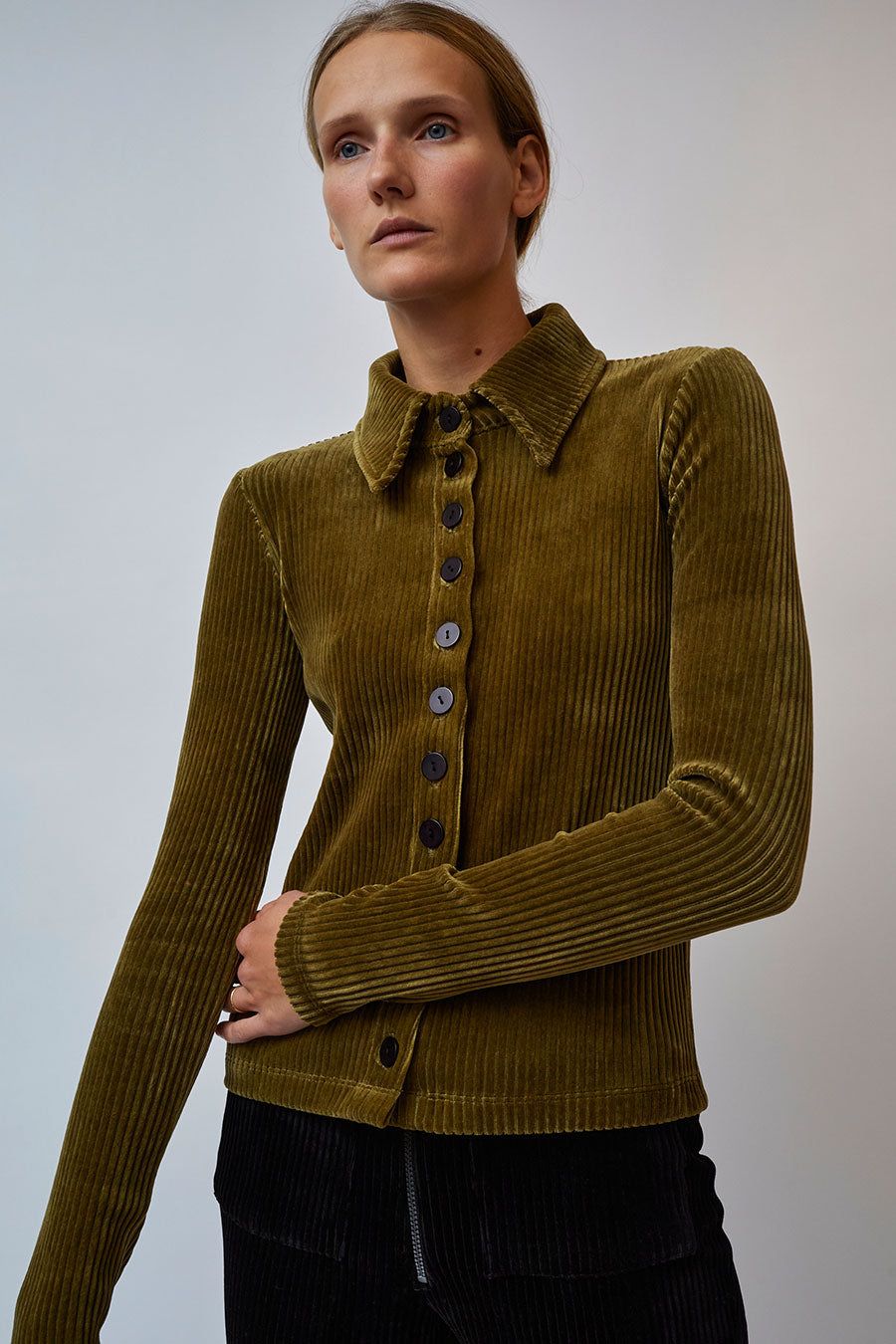KkCo Scallop Button Up in Olive Branch sold by No. 6