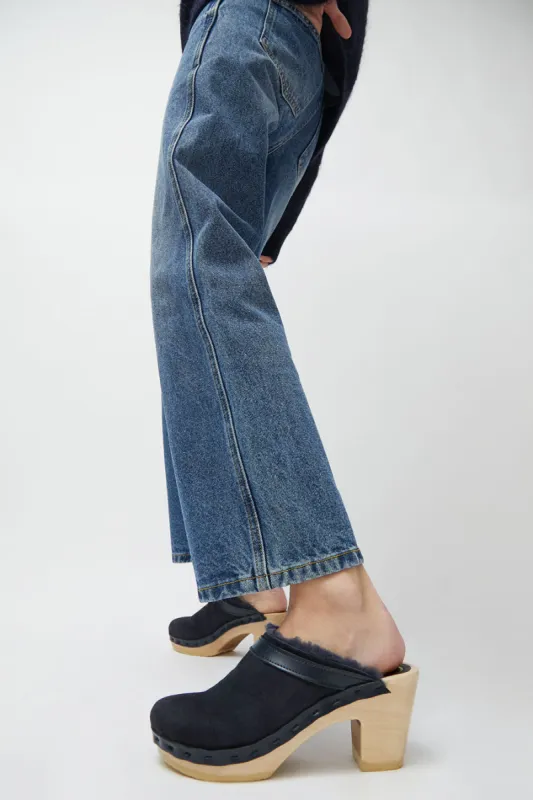 No.6 Dakota Shearling Clog on High Heel in Navy Suede and Night sold by No. 6