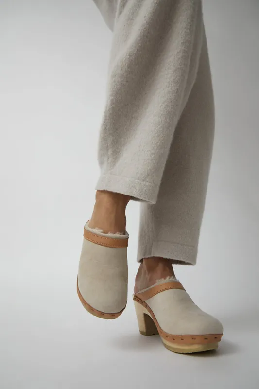 No.6 Dakota Shearling Clog on High Heel in Bone Suede and Desert sold by No. 6