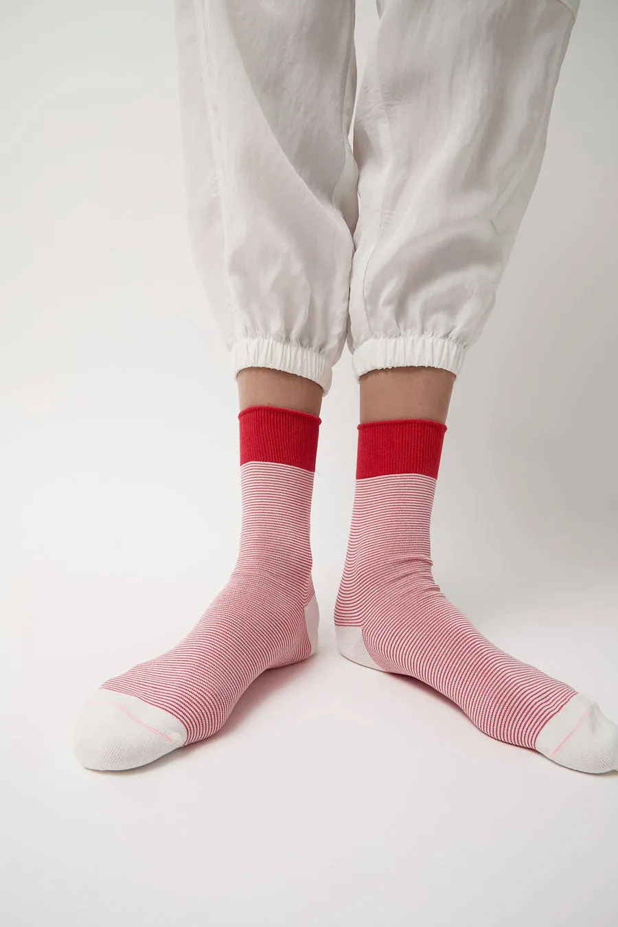 Rototo Fine Stripe Mini Crew Socks in Red sold by No. 6