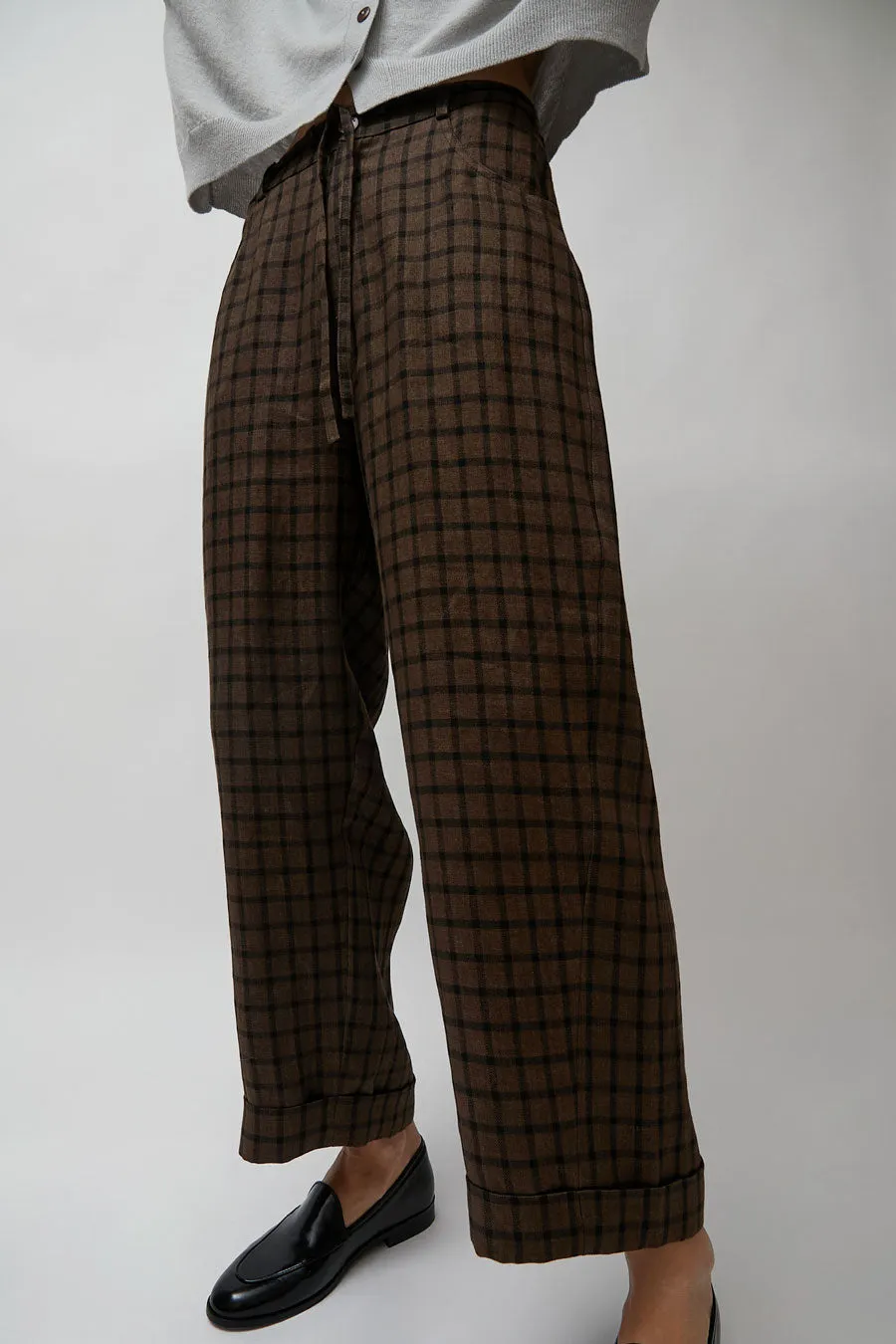 CORDERA Linen Relaxed Checkered Pants in Brown sold by No. 6