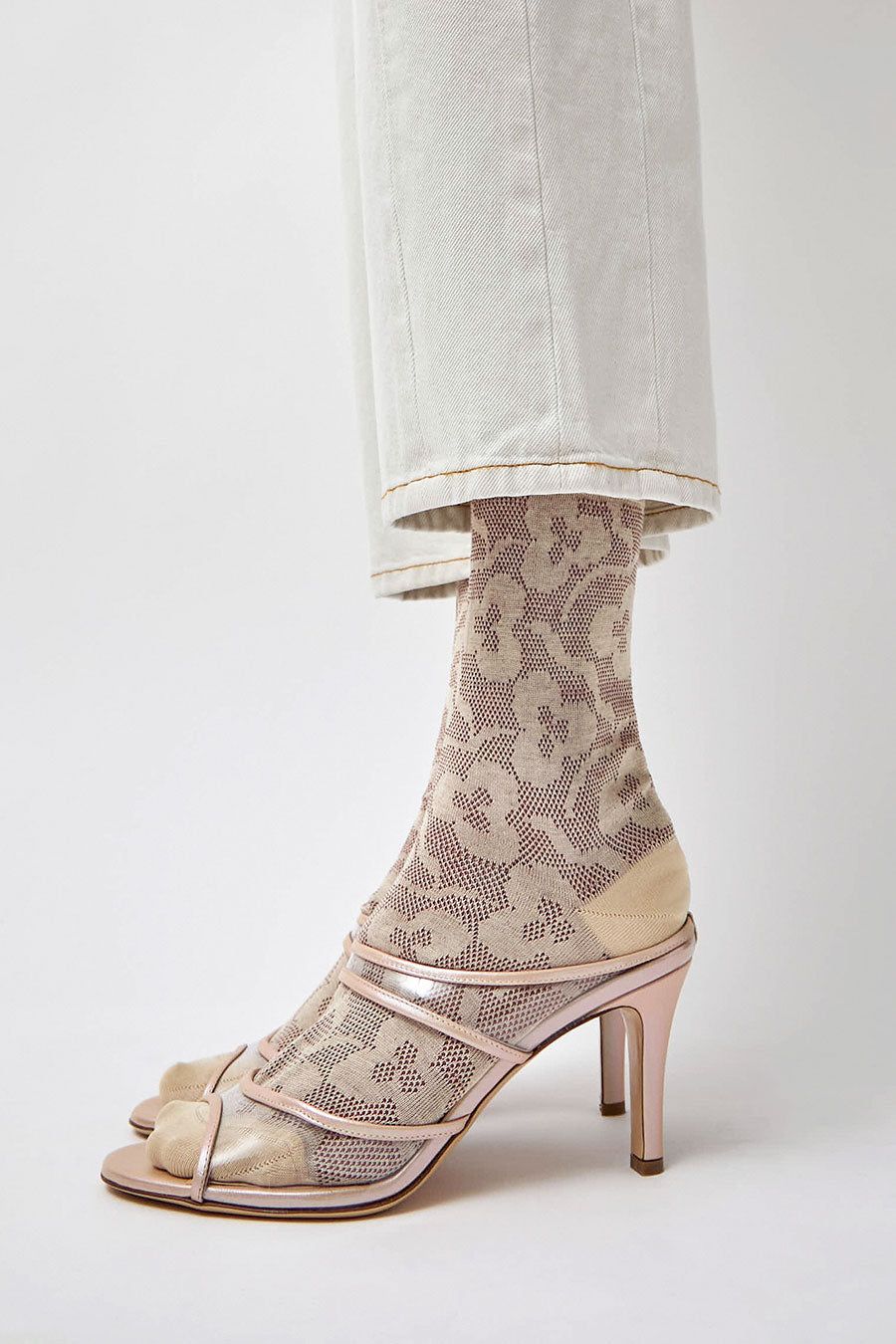 Maria La Rosa Floral Jacquard Mid Calf Socks in Beige sold by No. 6