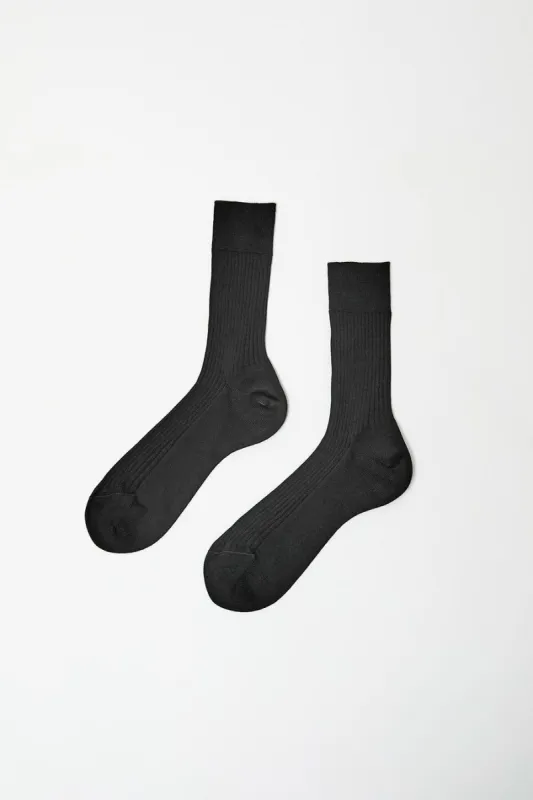 Maria La Rosa Ribbed Mid Calf Bio Cotton Socks in Nero sold by No. 6