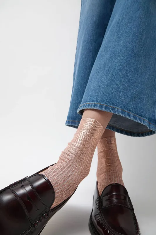 Maria La Rosa Silk Ribbed Laminated Ankle Socks in Rosa sold by No. 6
