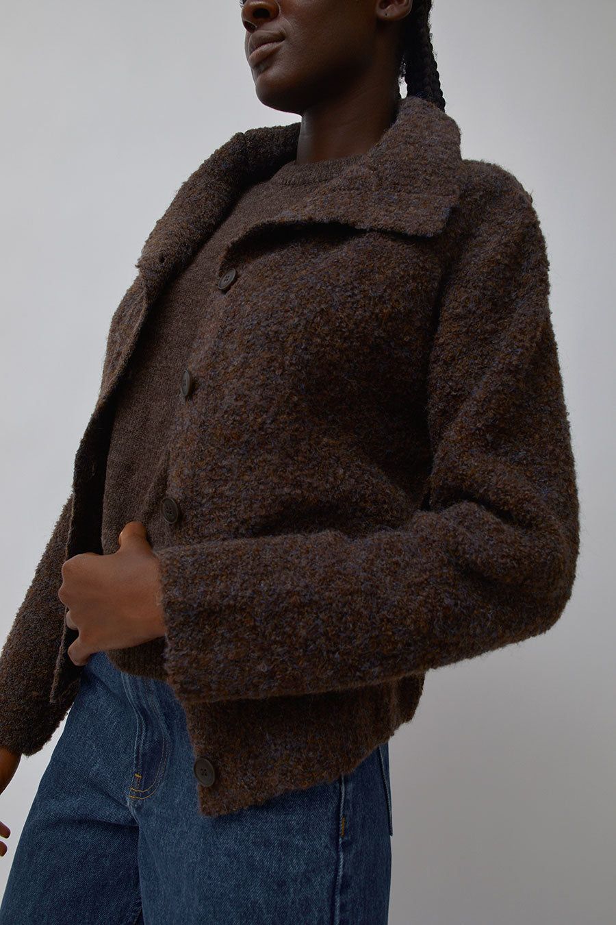 Mijeong Park Spread Collar Boucle Cardigan in Brown sold by No. 6 product image thumbnail 3
