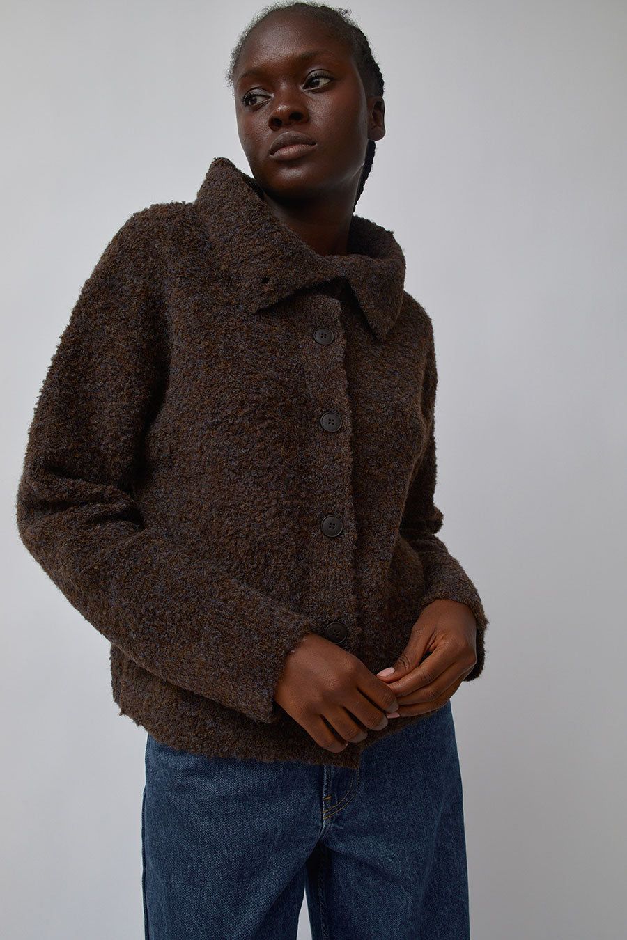 Mijeong Park Spread Collar Boucle Cardigan in Brown sold by No. 6