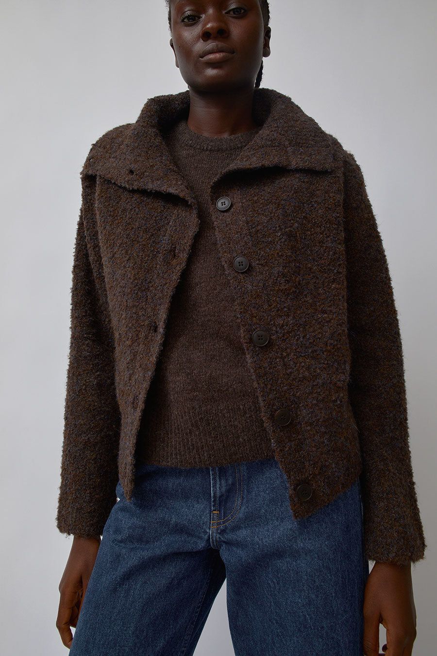 Mijeong Park Spread Collar Boucle Cardigan in Brown sold by No. 6 product image thumbnail 2