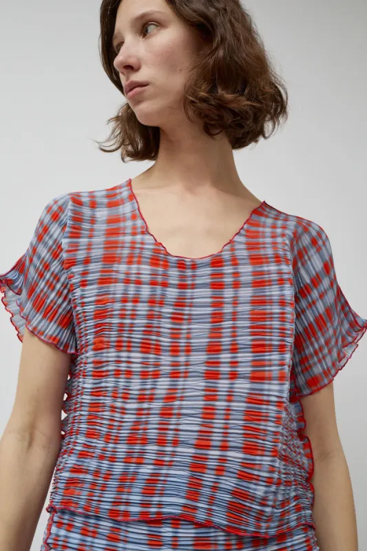 INSHADE Crimped Chiffon Short Sleeve Blouse in Grey and Orange Plaid made by No. 6