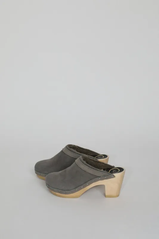 No.6 Dakota Shearling Clog on High Heel in Smoke Suede and Cloud sold by No. 6