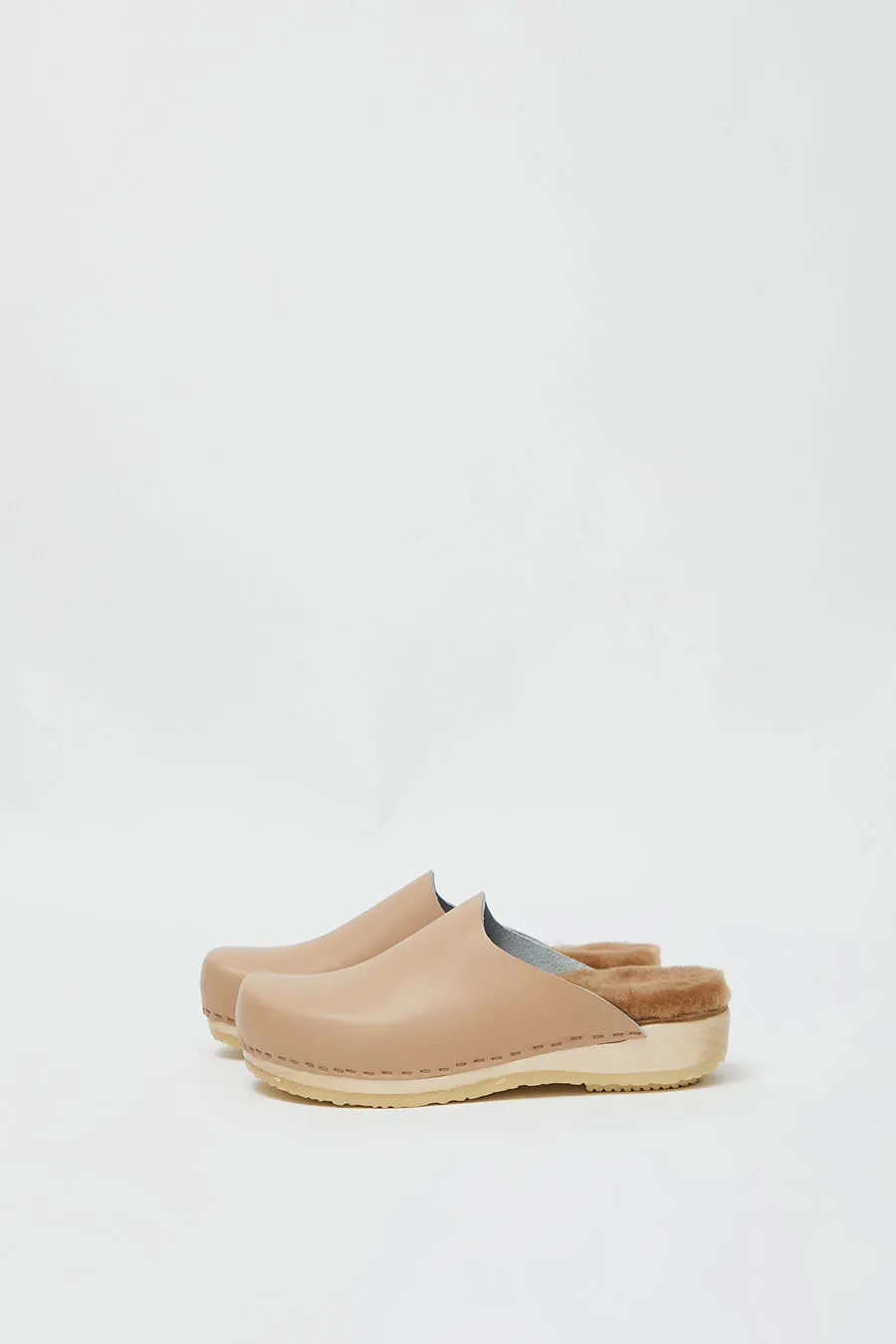 No.6 Contour Clog with Shearling on Flat Base in Camel sold by No. 6
