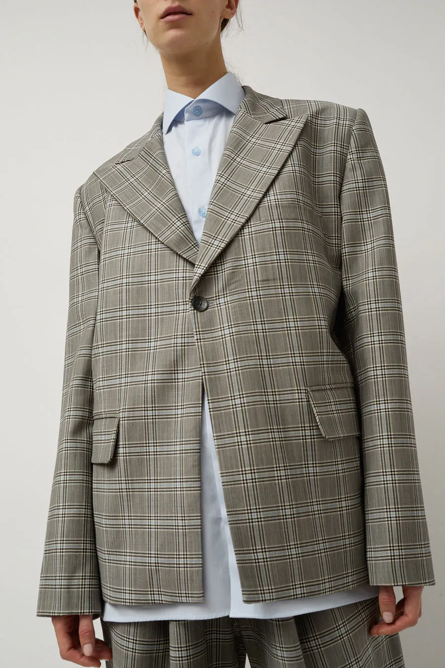 Highlight Studio Breasted Boxy Check Blazer in Gray sold by No. 6