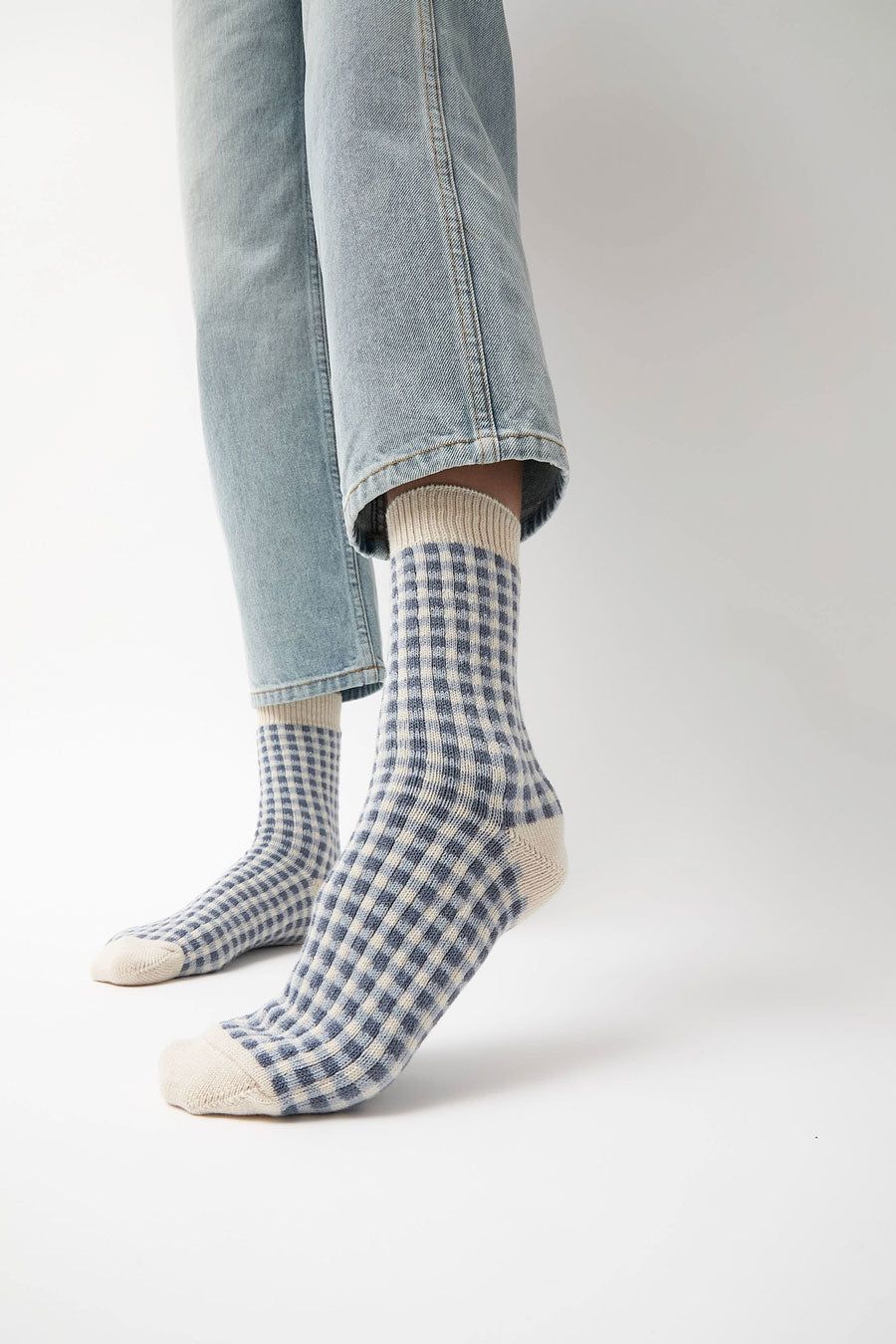 Rototo Gingham Check Socks in Light Blue sold by No. 6