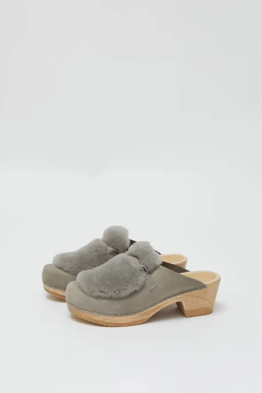 No.6 Billie Fur Clog on Mid Heel in Mist sold by No. 6