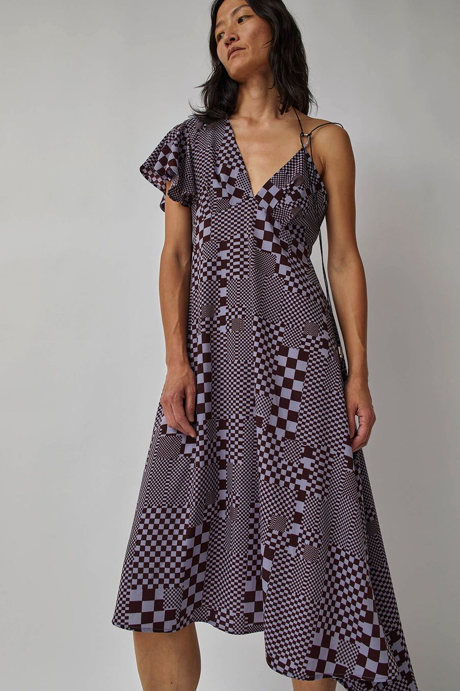 KkCo Warped Checker Climber Dress in Burgundy and Pastel Blue sold by No. 6