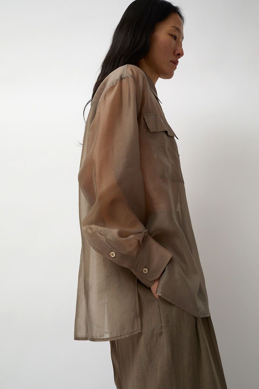 Mijeong Park Organza Sheer Blouse in Dark Beige sold by No. 6 product image thumbnail 4