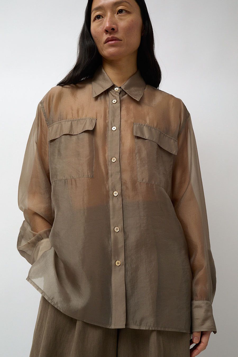 Mijeong Park Organza Sheer Blouse in Dark Beige sold by No. 6