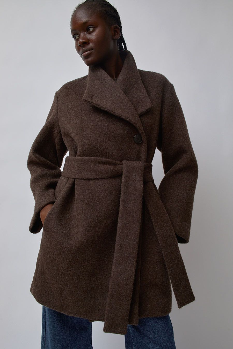 Mijeong Park Wool Blend Wrap Coat in Brown sold by No. 6