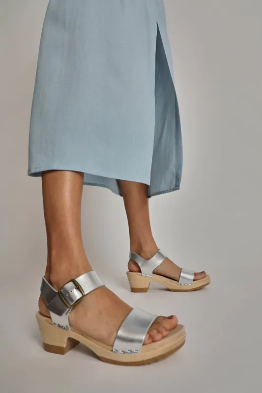No.6 Two Strap Clog on Mid Heel in Silver sold by No. 6