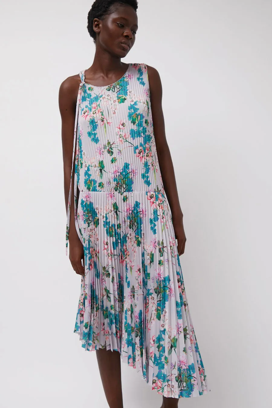 Marios Pleated Asymmetric Sleeveless Dress in Floral sold by No. 6