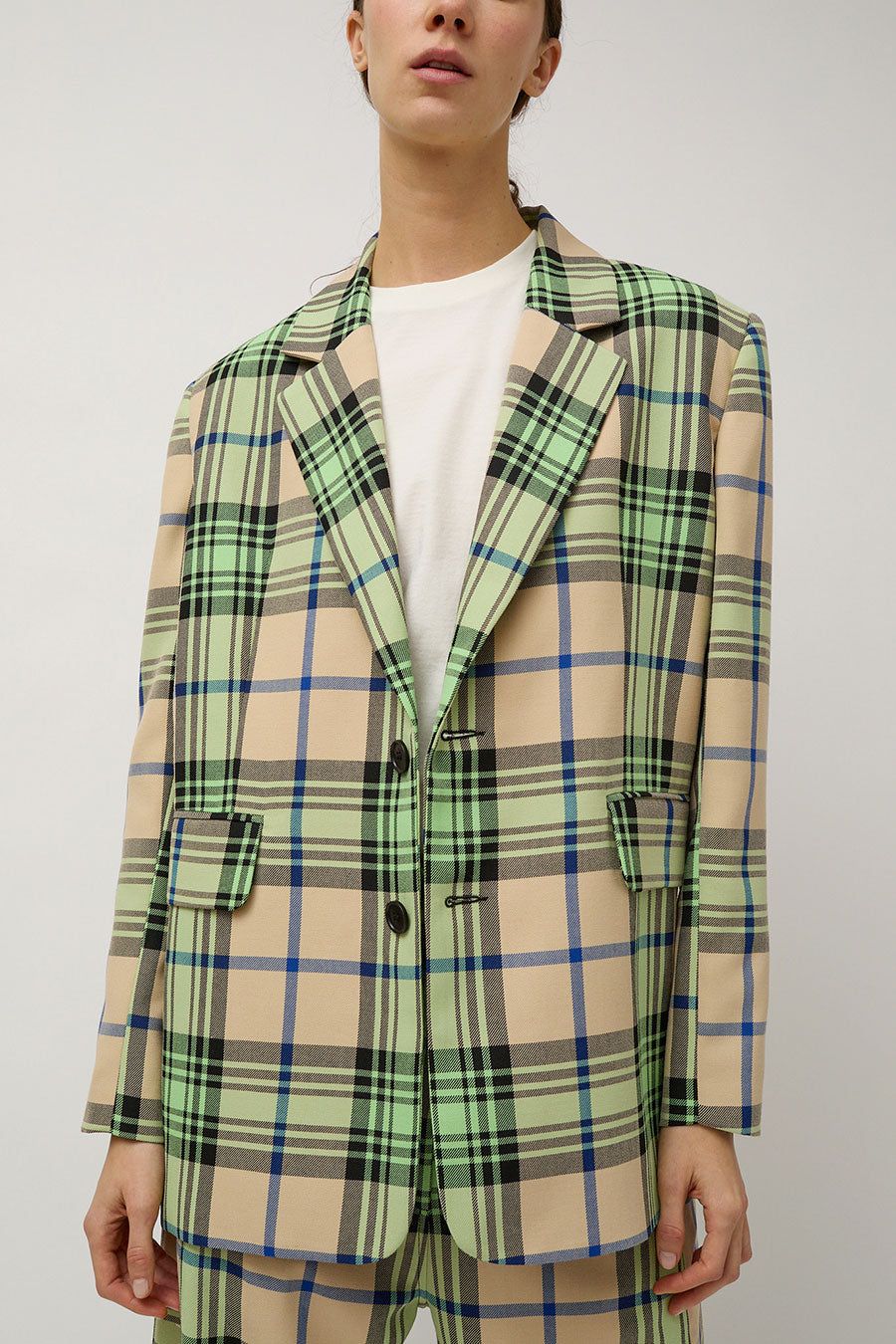 Henrik Vibskov Note Blazer in Mint Beige Checks sold by No. 6