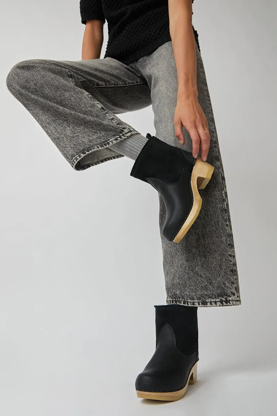 No.6 5" Pull on Shearling Clog Boot on Mid Heel in Black Suede sold by No. 6