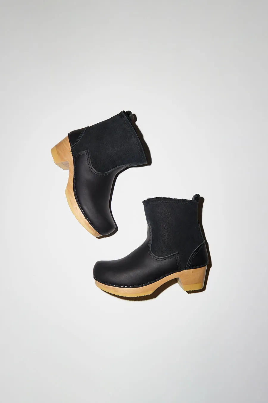 No.6 5" Pull on Shearling Clog Boot on Mid Heel in Black Suede sold by No. 6 product image thumbnail 2