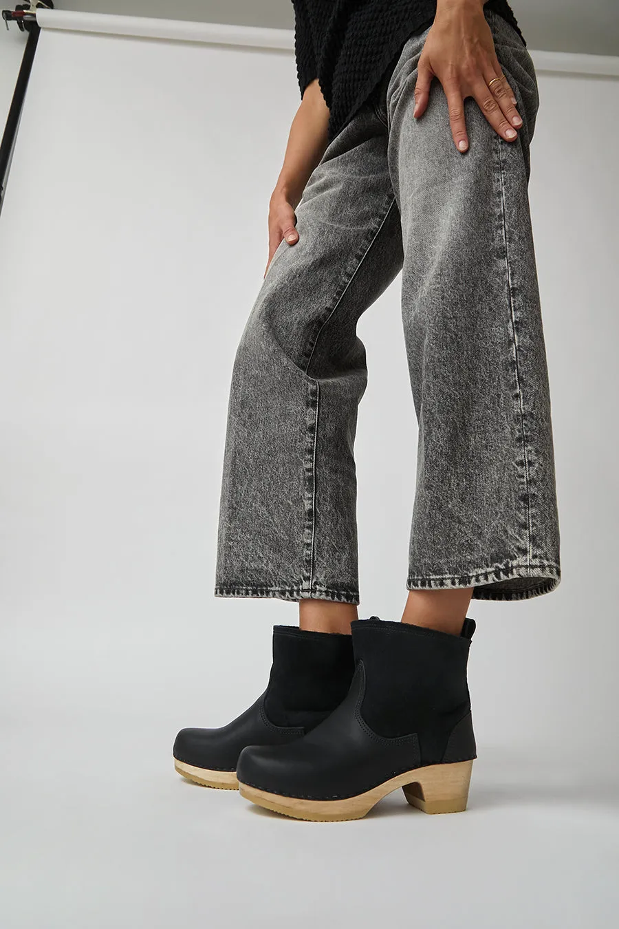 No.6 5" Pull on Shearling Clog Boot on Mid Heel in Black Suede sold by No. 6 product image thumbnail 4