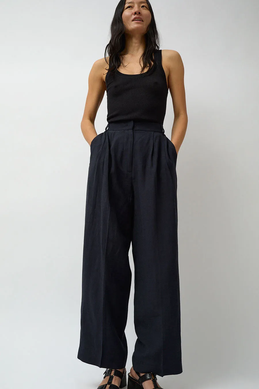 Mijeong Park Linen Blend Wide Leg Pants in Navy sold by No. 6