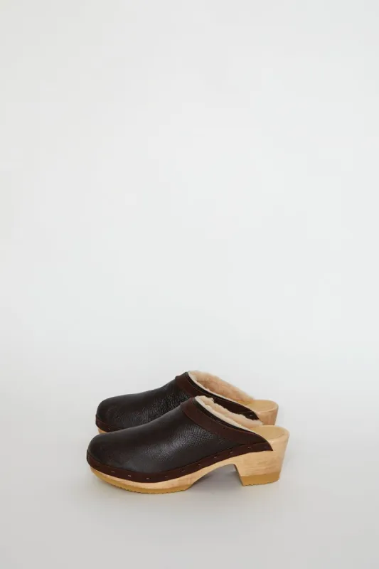 No.6 Dakota Shearling Clog on Mid Heel in Brown Aviator sold by No. 6