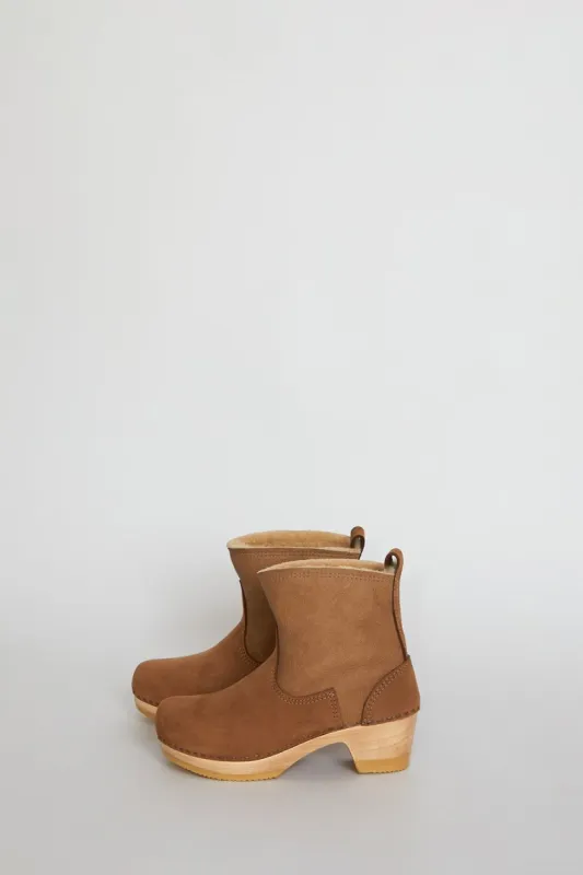 No.6  5" Pull On Shearling Clog Boot on Mid Heel in Honey Aviator sold by No. 6