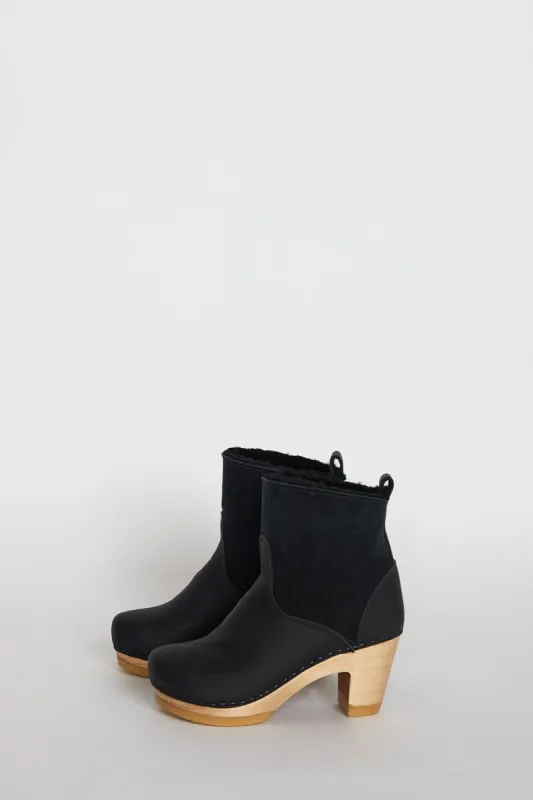 No.6 5" Pull On Shearling Clog Boot on High Heel in Black Suede sold by No. 6