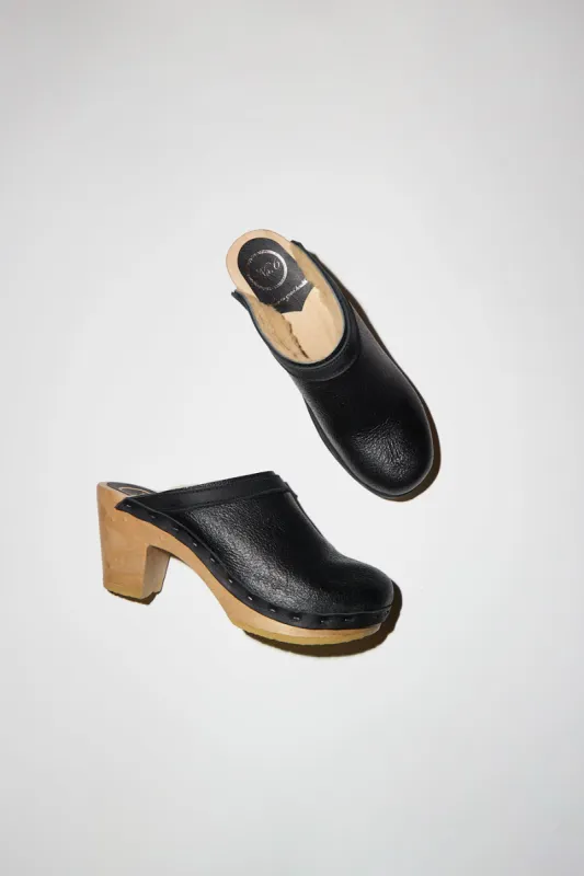 No.6 Dakota Shearling Clog on High Heel in Ink Aviator sold by No. 6