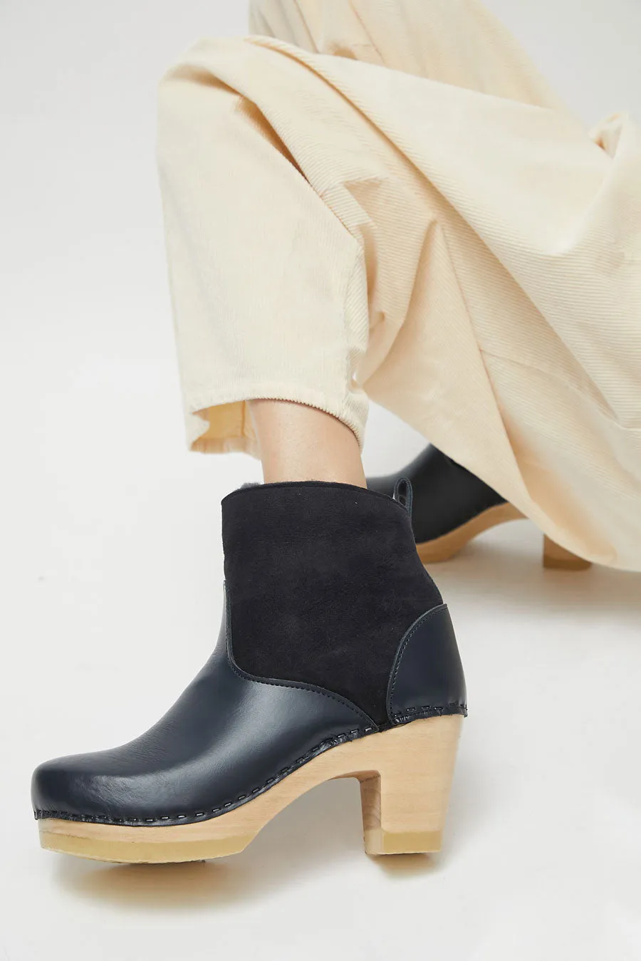 No.6 5" Pull on Shearling Clog Boot on High Heel in Navy and Night sold by No. 6