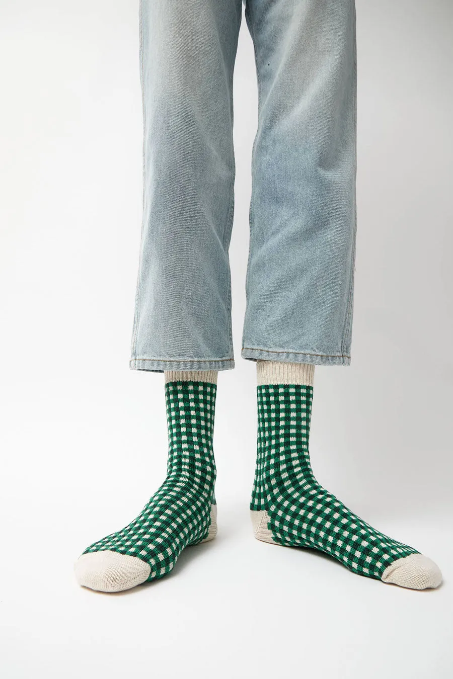 Rototo Gingham Check Socks in Green sold by No. 6