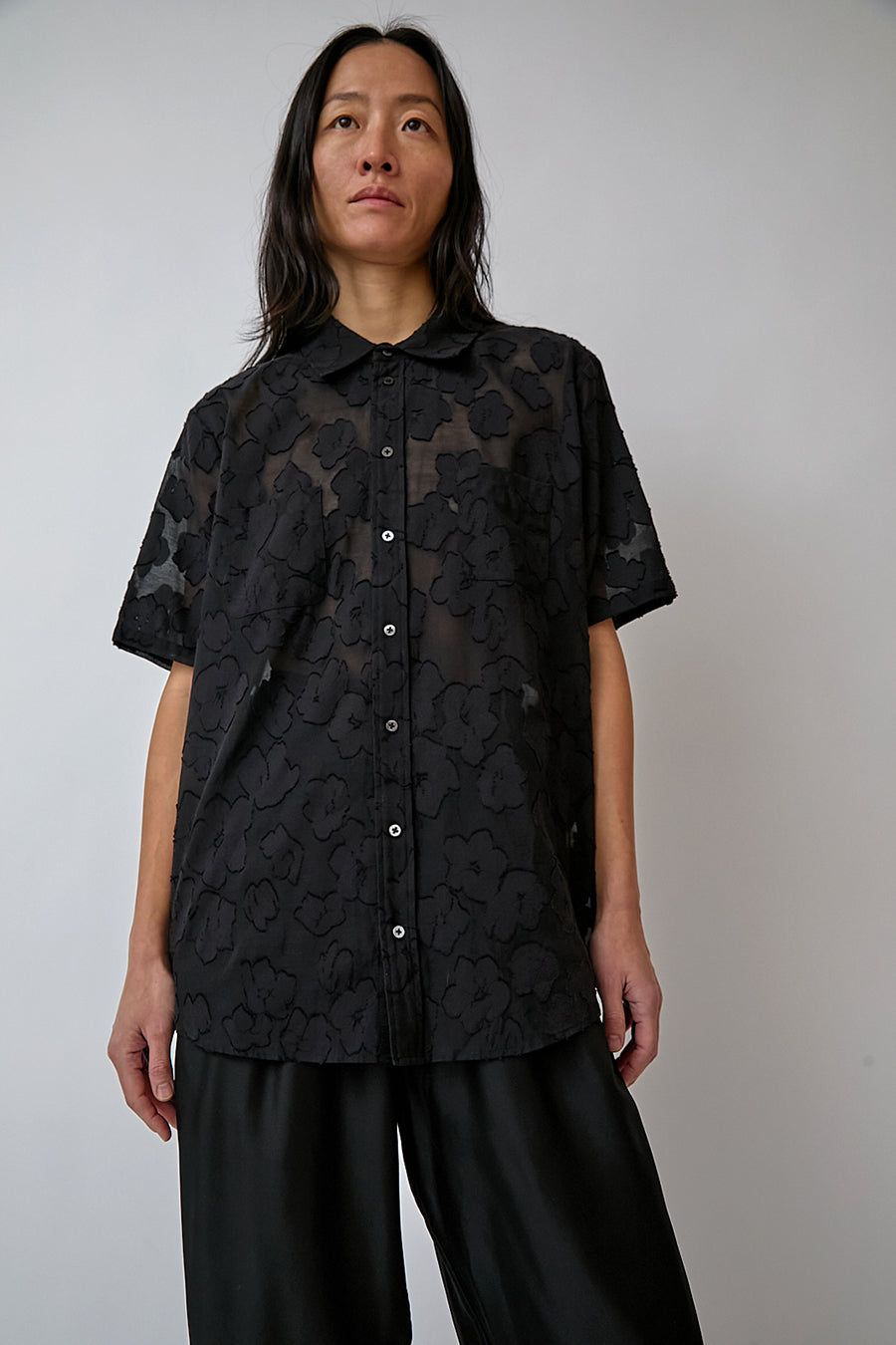 Silk Laundry Clip Silk Short Sleeve Boyfriend Shirt in Black sold by No. 6