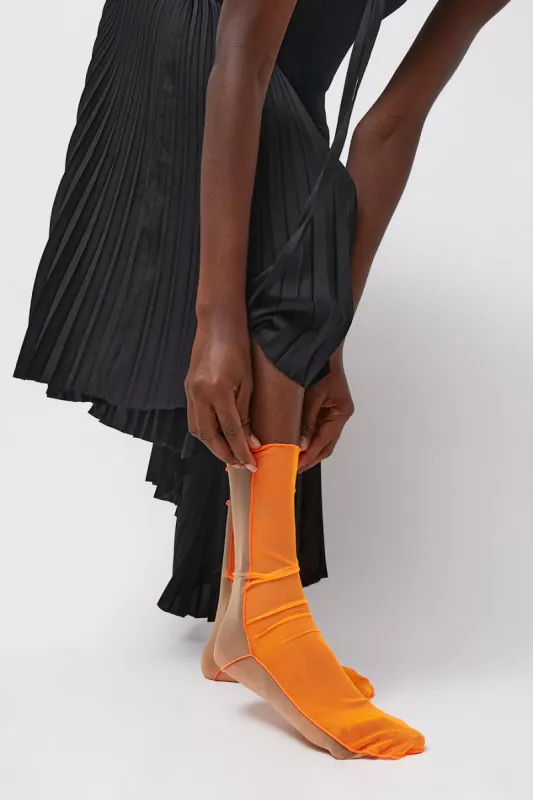 Marios Bicolor Mesh Ankle Socks in Orange Fluo and Nude made by No. 6