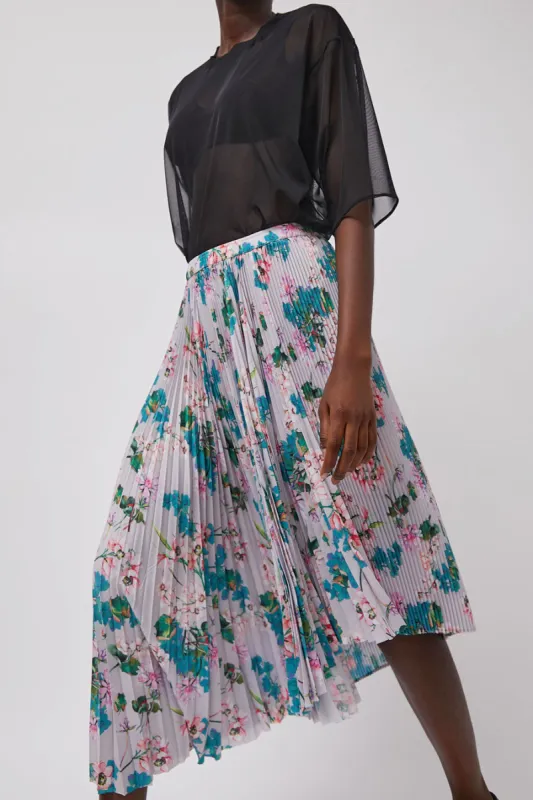 Marios Pleated Asymmetric Skirt in Floral sold by No. 6