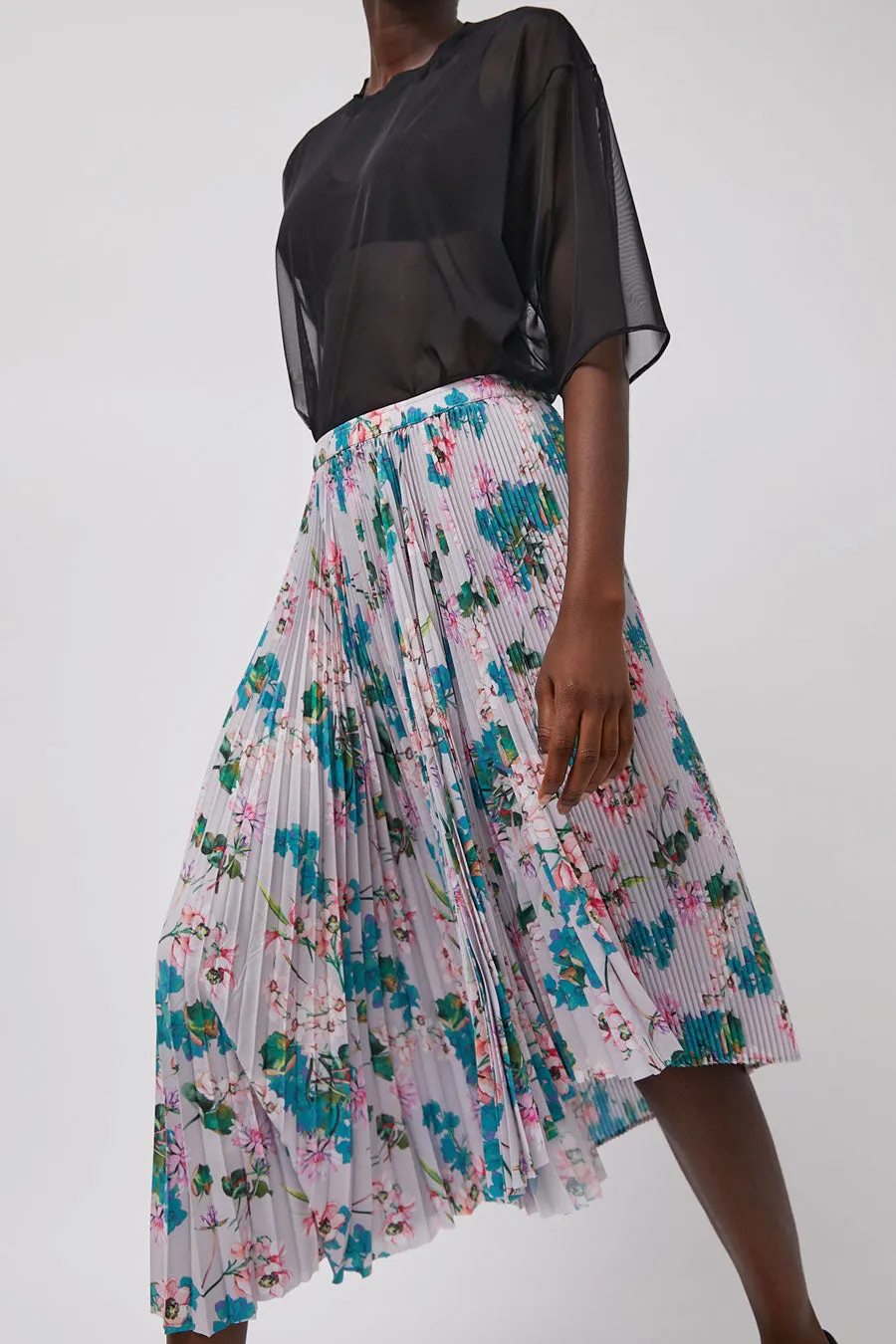 Marios Pleated Asymmetric Skirt in Floral sold by No. 6