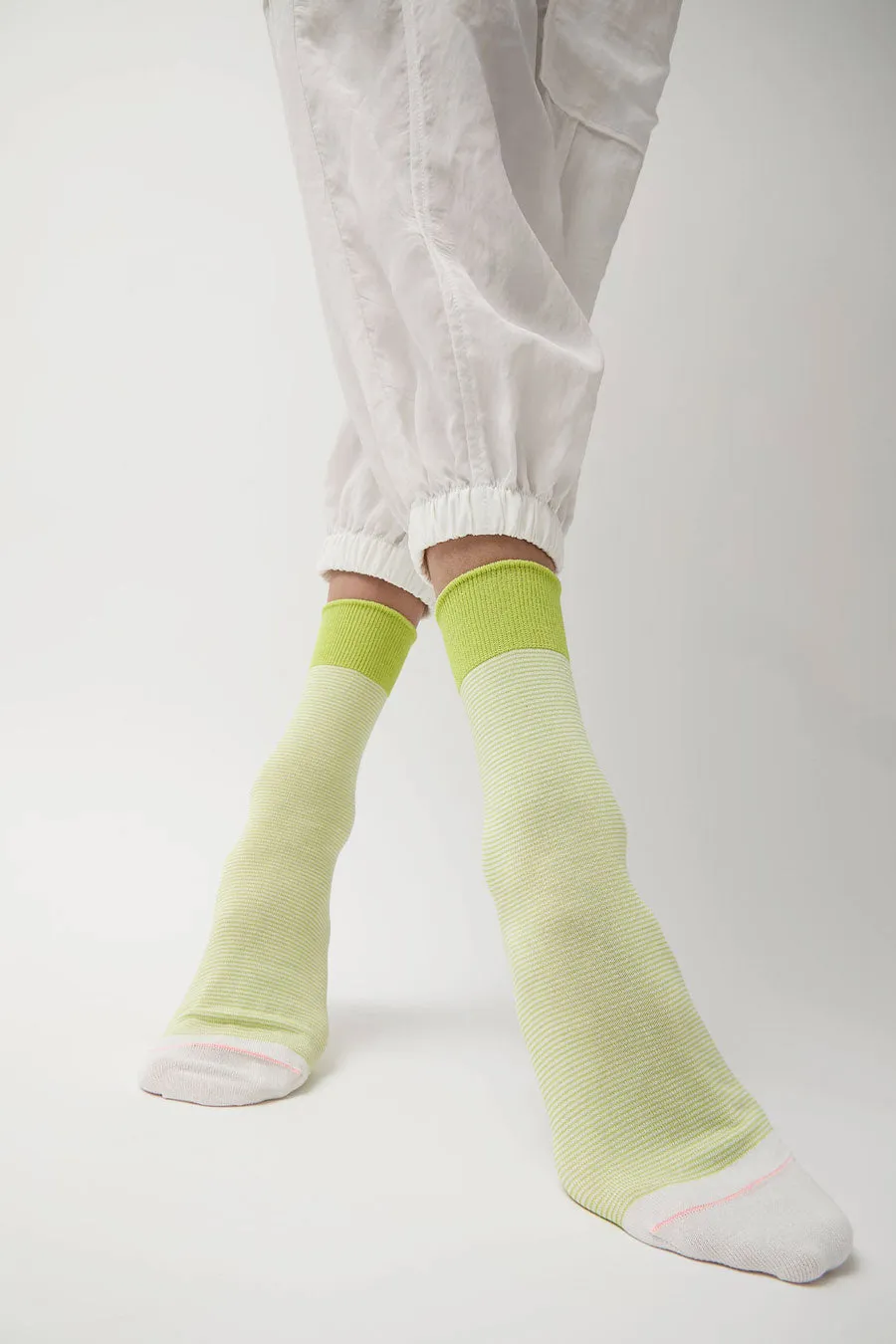 Rototo Fine Stripe Mini Crew Socks in Lime sold by No. 6