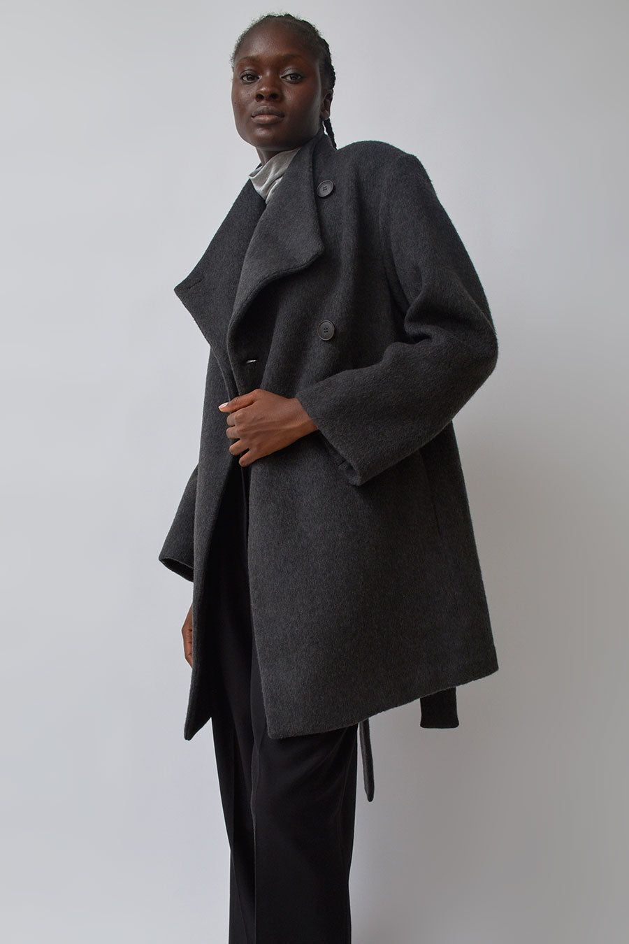 Mijeong Park Wool Blend Wrap Coat in Charcoal sold by No. 6
