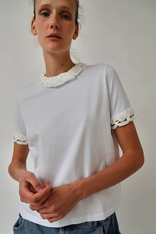 INSHADE T-Shirt with Silk Decorative Trim in White made by No. 6