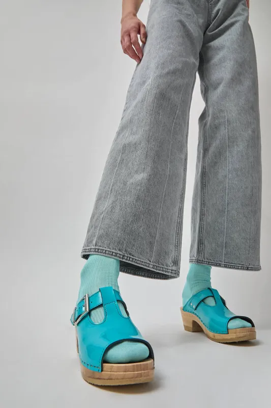 No.6 T Strap Clog on Mid Heel in Turquoise Patent made by No. 6