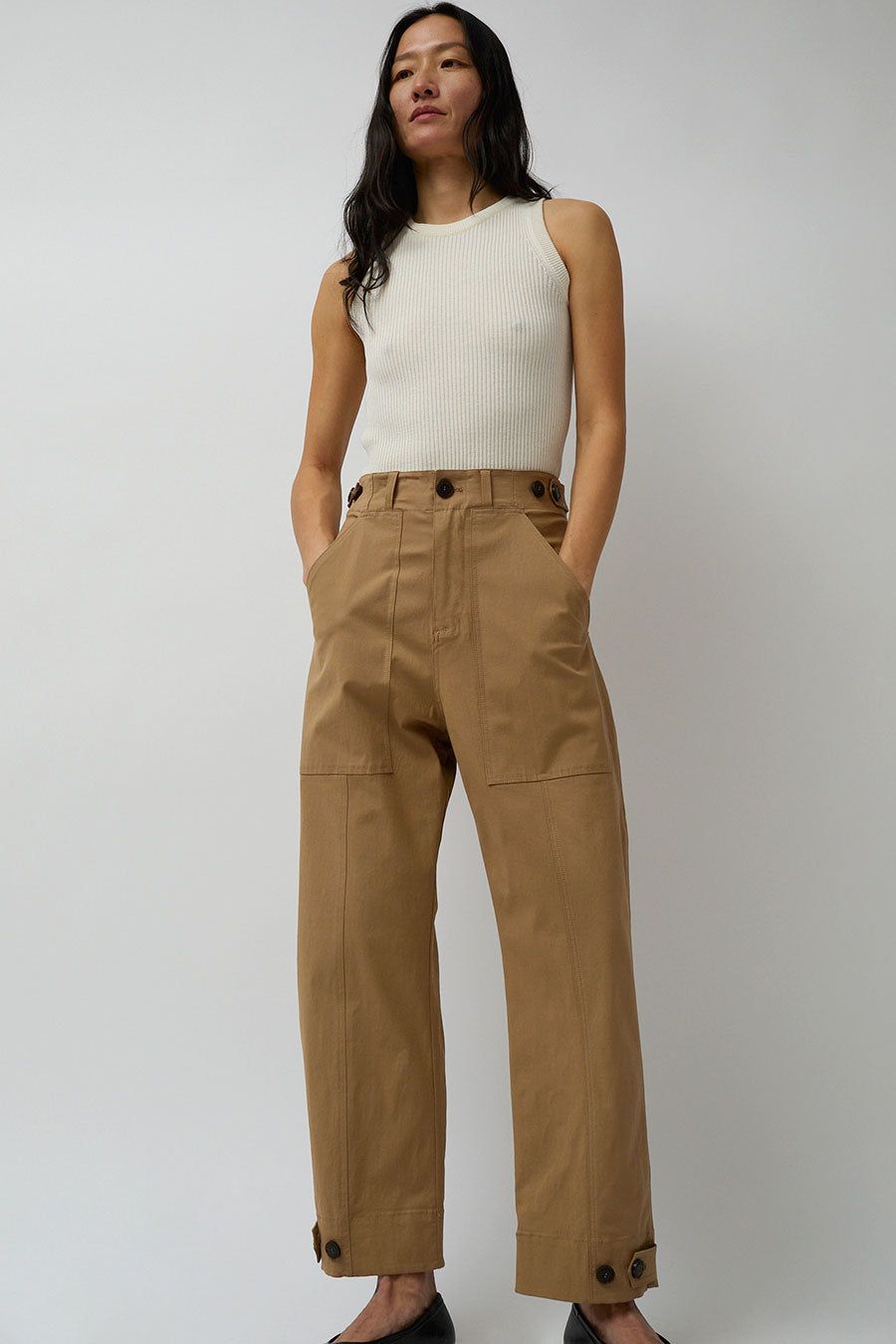 Mijeong Park Cropped Workwear Pants in Camel sold by No. 6