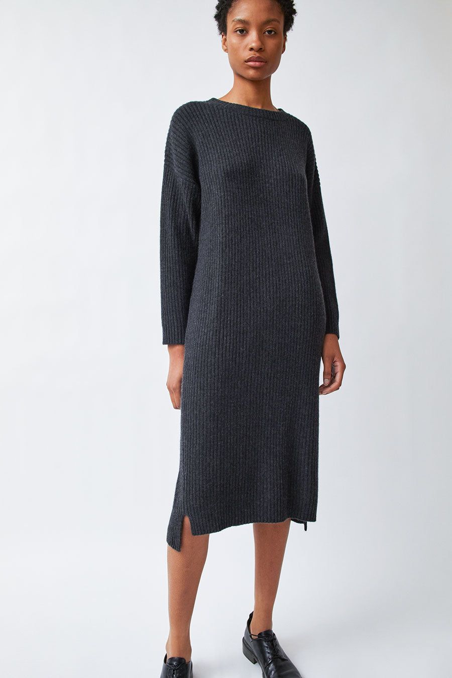 Modern Weaving Rib Crew Neck Oversize Sweater Dress in Black Melange sold by No. 6
