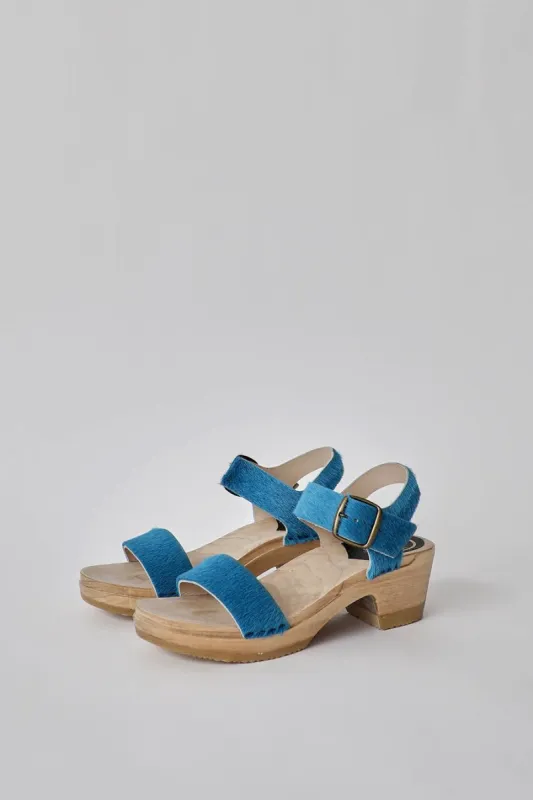 No.6 Two Strap Clog on Mid Heel in Azure Pony sold by No. 6