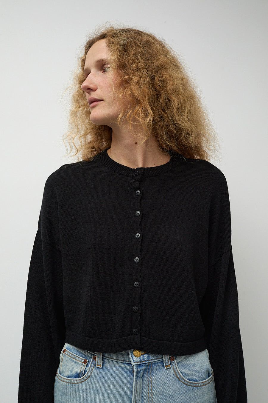 CORDERA Cotton Cropped Cardigan in Black sold by No. 6