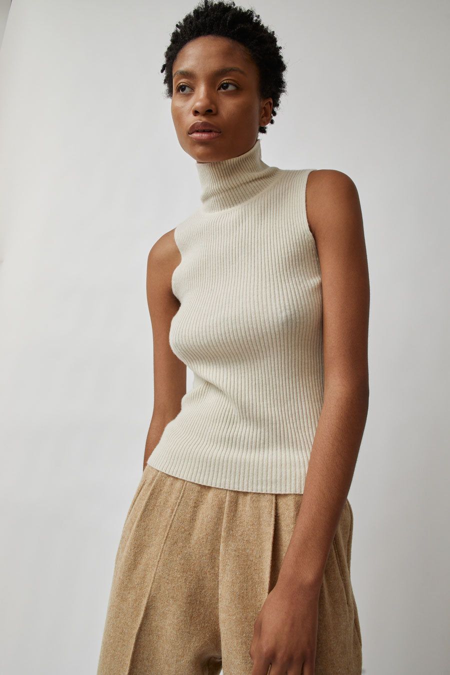 Modern Weaving Rib Sleeveless Mock Turtleneck in Cream sold by No. 6