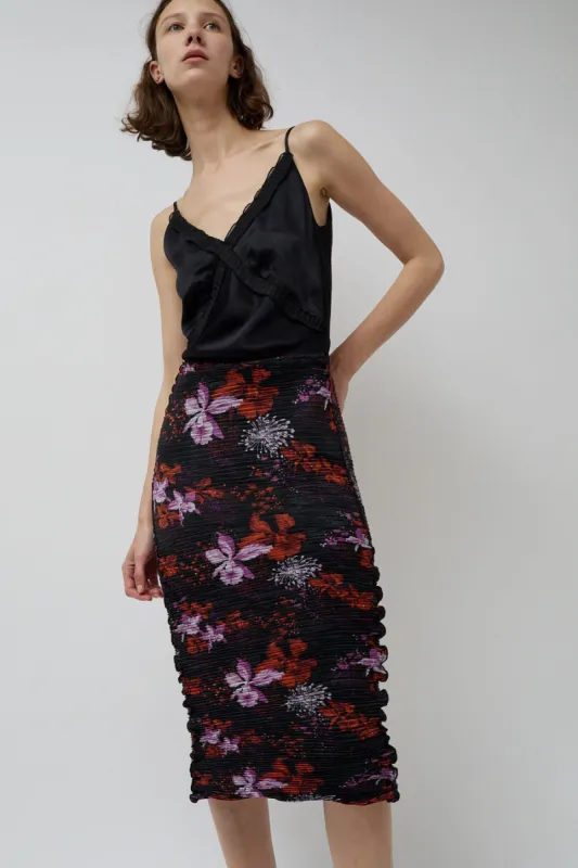 INSHADE Crimped Chiffon Maxi Skirt in Black and Orange Flowers sold by No. 6