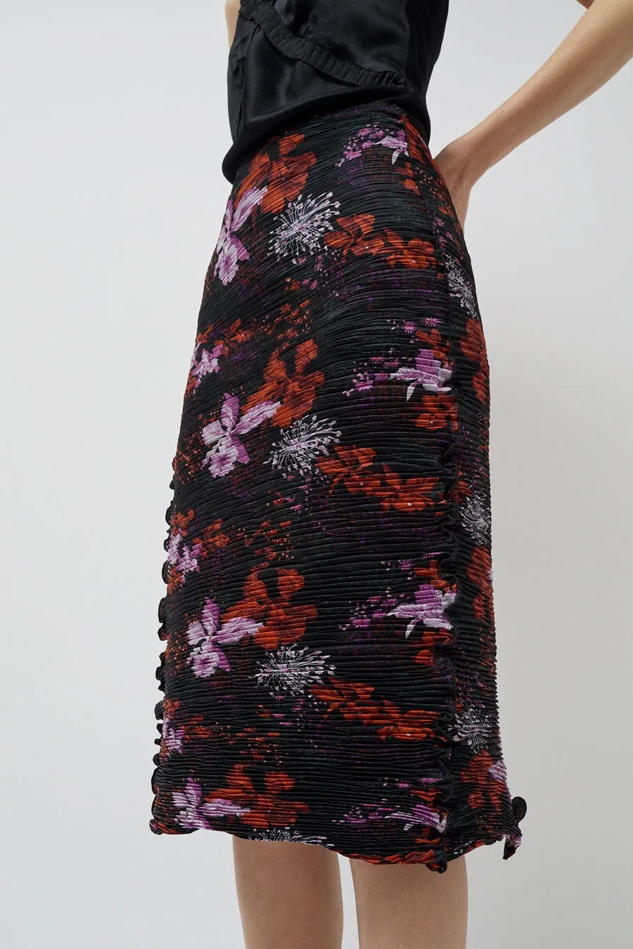 INSHADE Crimped Chiffon Maxi Skirt in Black and Orange Flowers sold by No. 6 product image thumbnail 4